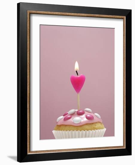 Muffin, Icing, Pink, Chocolate Beans, Candle, Heart Form, Burn, Detail-Nikky-Framed Photographic Print