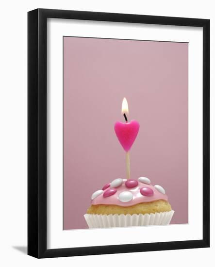 Muffin, Icing, Pink, Chocolate Beans, Candle, Heart Form, Burn, Detail-Nikky-Framed Photographic Print