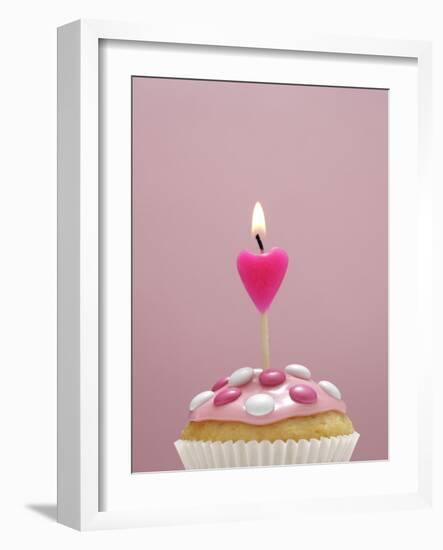 Muffin, Icing, Pink, Chocolate Beans, Candle, Heart Form, Burn, Detail-Nikky-Framed Photographic Print