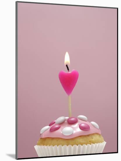 Muffin, Icing, Pink, Chocolate Beans, Candle, Heart Form, Burn, Detail-Nikky-Mounted Photographic Print