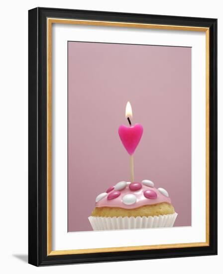 Muffin, Icing, Pink, Chocolate Beans, Candle, Heart Form, Burn, Detail-Nikky-Framed Photographic Print