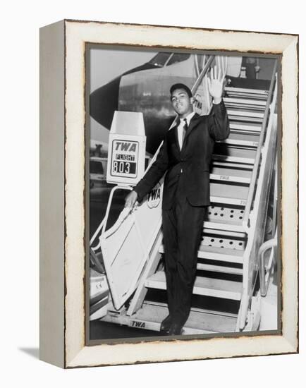 Muhammad Ali, Waves from the Steps of a TWA Airplane at JFK Airport, NYC, 1964-null-Framed Stretched Canvas
