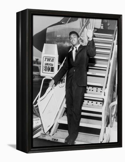 Muhammad Ali, Waves from the Steps of a TWA Airplane at JFK Airport, NYC, 1964-null-Framed Stretched Canvas