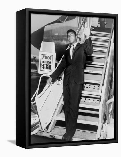 Muhammad Ali, Waves from the Steps of a TWA Airplane at JFK Airport, NYC, 1964-null-Framed Stretched Canvas