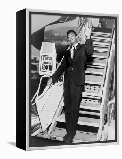 Muhammad Ali, Waves from the Steps of a TWA Airplane at JFK Airport, NYC, 1964-null-Framed Stretched Canvas