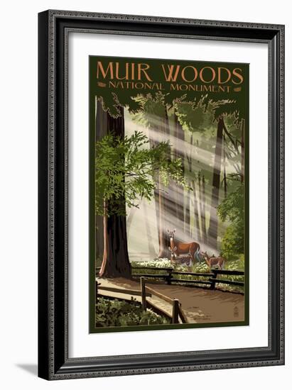 Muir Woods National Monument, California - Deer and Fawns-Lantern Press-Framed Art Print