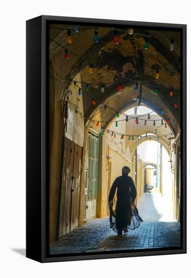 Mullah hurrying down typical vaulted alleyway, Yazd, Iran, Middle East-James Strachan-Framed Premier Image Canvas