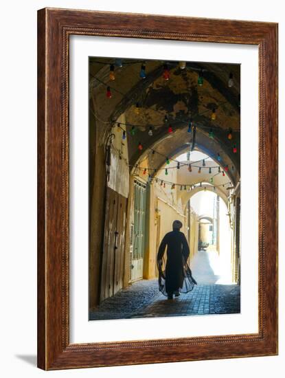 Mullah hurrying down typical vaulted alleyway, Yazd, Iran, Middle East-James Strachan-Framed Photographic Print