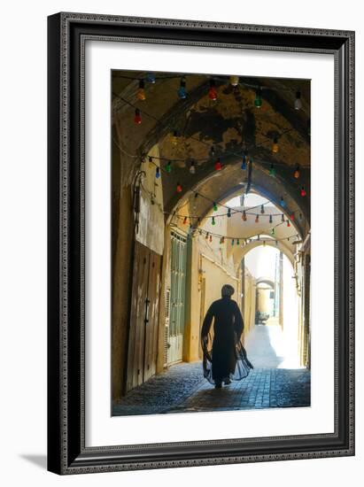 Mullah hurrying down typical vaulted alleyway, Yazd, Iran, Middle East-James Strachan-Framed Photographic Print