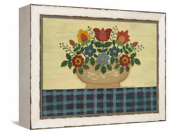 Multi-Colored Flowers with Dark Blue Tablecloth-Debbie McMaster-Framed Premier Image Canvas
