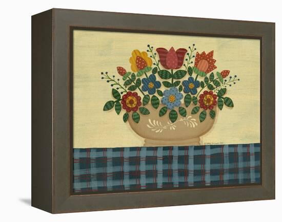 Multi-Colored Flowers with Dark Blue Tablecloth-Debbie McMaster-Framed Premier Image Canvas
