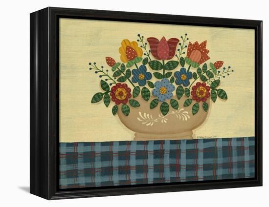 Multi-Colored Flowers with Dark Blue Tablecloth-Debbie McMaster-Framed Premier Image Canvas