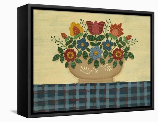 Multi-Colored Flowers with Dark Blue Tablecloth-Debbie McMaster-Framed Premier Image Canvas