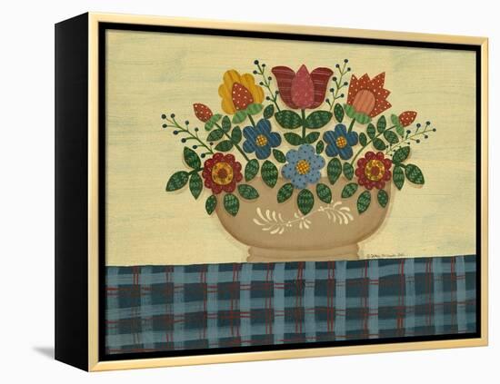 Multi-Colored Flowers with Dark Blue Tablecloth-Debbie McMaster-Framed Premier Image Canvas