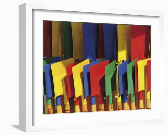 Multi Coloured Spades on Sale at a Beach Shop on the Planche, Deauville, Calvados, Normandy, France-David Hughes-Framed Photographic Print