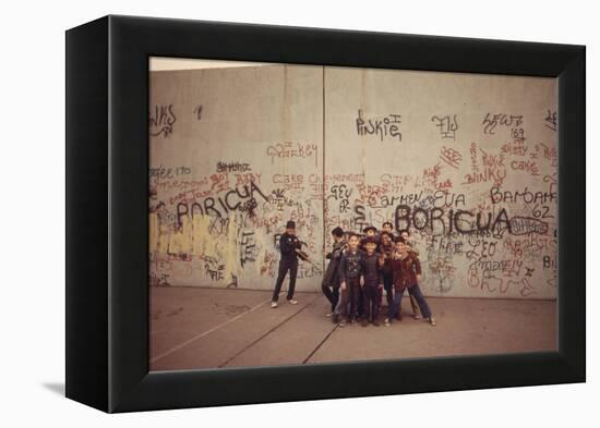 Multi-Ethnic Group of Boys Smile Near Graffiti Covered Wall, the Bronx, 1975-null-Framed Stretched Canvas