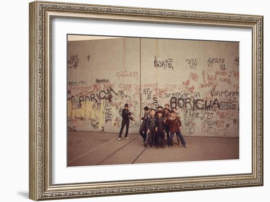 Multi-Ethnic Group of Boys Smile Near Graffiti Covered Wall, the Bronx, 1975-null-Framed Photo