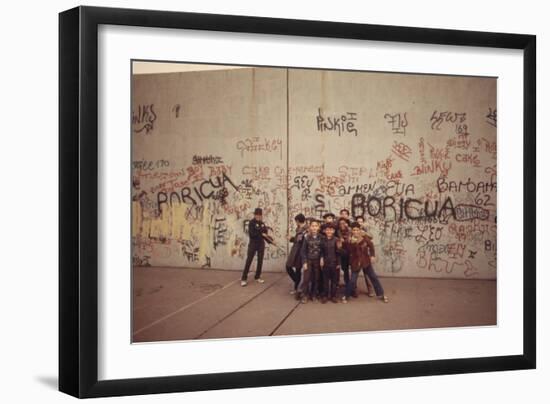 Multi-Ethnic Group of Boys Smile Near Graffiti Covered Wall, the Bronx, 1975-null-Framed Photo