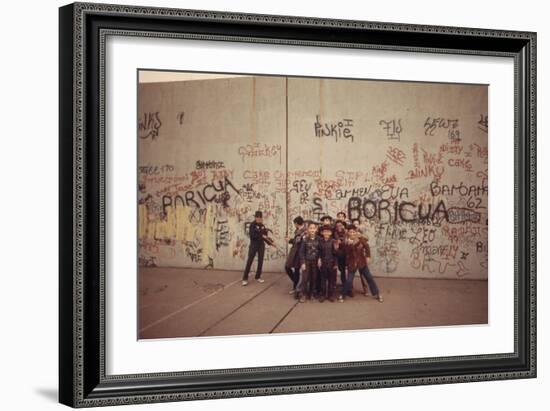 Multi-Ethnic Group of Boys Smile Near Graffiti Covered Wall, the Bronx, 1975-null-Framed Photo