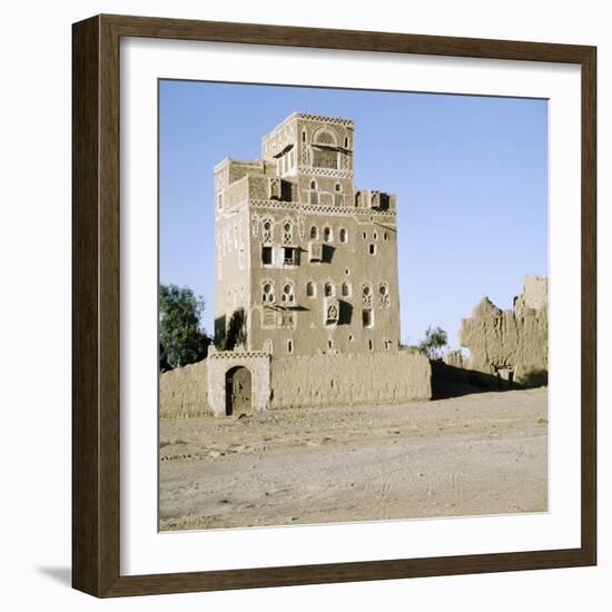 Multi-storeyed house with incised plasterwork and ornate window arches, in a village near San'a-Werner Forman-Framed Giclee Print