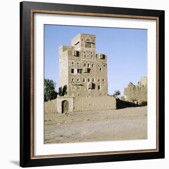 Multi-storeyed house with incised plasterwork and ornate window arches, in a village near San'a-Werner Forman-Framed Giclee Print