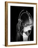 Multiple Exposure of Artist Pablo Picasso Using Flashlight to Make Light Drawing in the Air-Gjon Mili-Framed Premium Photographic Print