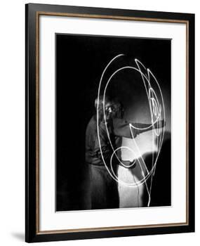 Multiple Exposure of Artist Pablo Picasso Using Flashlight to Make Light Drawing in the Air-Gjon Mili-Framed Premium Photographic Print