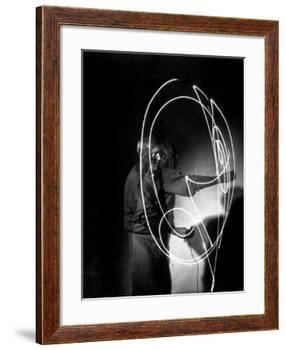 Multiple Exposure of Artist Pablo Picasso Using Flashlight to Make Light Drawing in the Air-Gjon Mili-Framed Premium Photographic Print