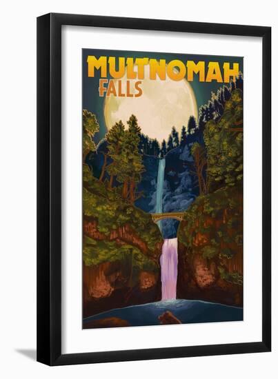Multnomah Falls, Oregon and Full Moon-Lantern Press-Framed Art Print