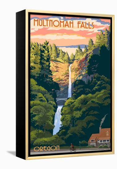 Multnomah Falls, Oregon - Sunset-Lantern Press-Framed Stretched Canvas