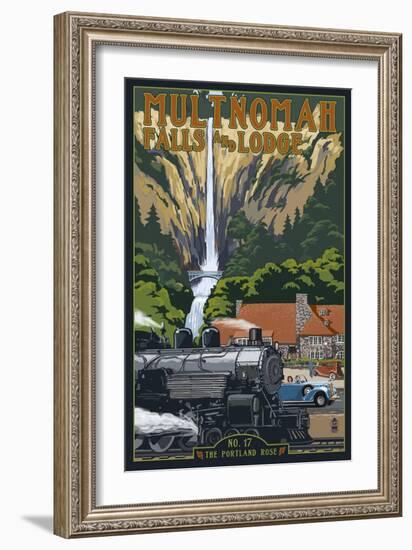 Multnomah Falls - Train and Cars-Lantern Press-Framed Art Print