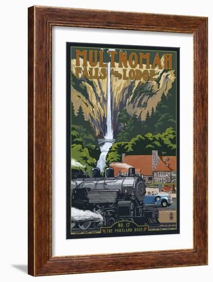 Multnomah Falls - Train and Cars-Lantern Press-Framed Art Print
