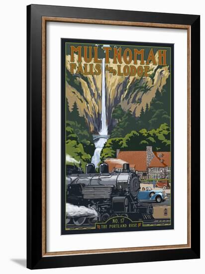 Multnomah Falls - Train and Cars-Lantern Press-Framed Art Print