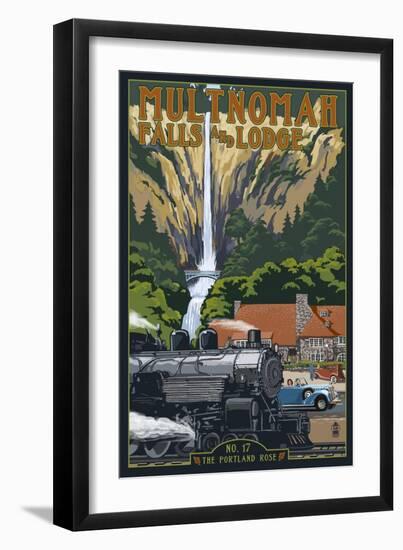 Multnomah Falls - Train and Cars-Lantern Press-Framed Art Print