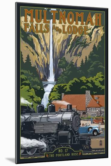 Multnomah Falls - Train and Cars-Lantern Press-Mounted Art Print