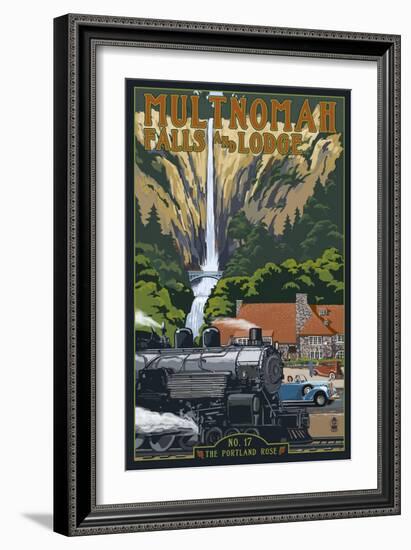 Multnomah Falls - Train and Cars-Lantern Press-Framed Art Print