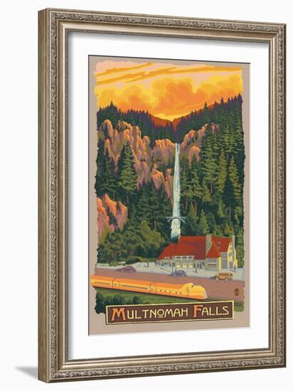 Multnomah Falls View with Train, c.2009-Lantern Press-Framed Art Print