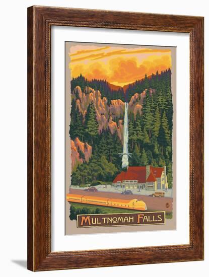 Multnomah Falls View with Train, c.2009-Lantern Press-Framed Art Print