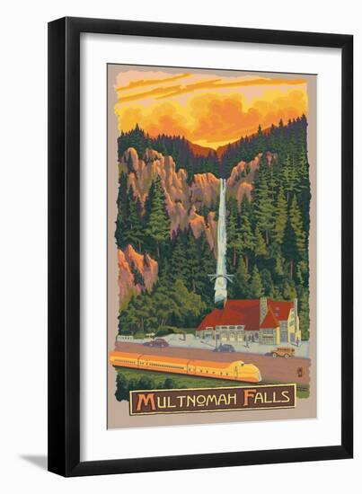 Multnomah Falls View with Train, c.2009-Lantern Press-Framed Art Print