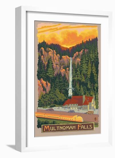 Multnomah Falls View with Train, c.2009-Lantern Press-Framed Art Print