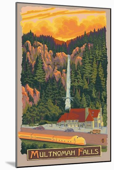 Multnomah Falls View with Train, c.2009-Lantern Press-Mounted Art Print