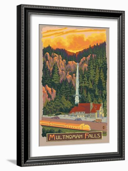 Multnomah Falls View with Train, c.2009-Lantern Press-Framed Art Print