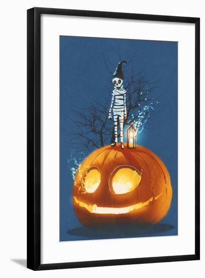 Mummy Standing on Giant Pumpkin,Jack O Lantern,Halloween Concept,Illustration Painting-Tithi Luadthong-Framed Art Print