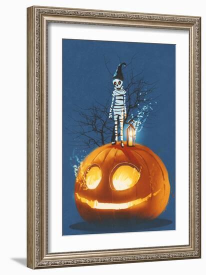 Mummy Standing on Giant Pumpkin,Jack O Lantern,Halloween Concept,Illustration Painting-Tithi Luadthong-Framed Art Print