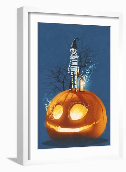 Mummy Standing on Giant Pumpkin,Jack O Lantern,Halloween Concept,Illustration Painting-Tithi Luadthong-Framed Art Print