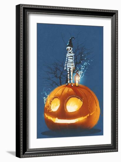 Mummy Standing on Giant Pumpkin,Jack O Lantern,Halloween Concept,Illustration Painting-Tithi Luadthong-Framed Art Print