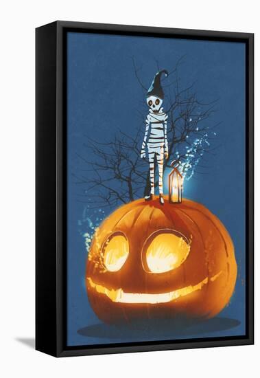 Mummy Standing on Giant Pumpkin,Jack O Lantern,Halloween Concept,Illustration Painting-Tithi Luadthong-Framed Stretched Canvas