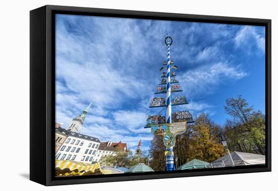 Munich, Bavaria, Germany, Maypole at the Viktualienmarkt (Food Market) in Autumn-Bernd Wittelsbach-Framed Premier Image Canvas