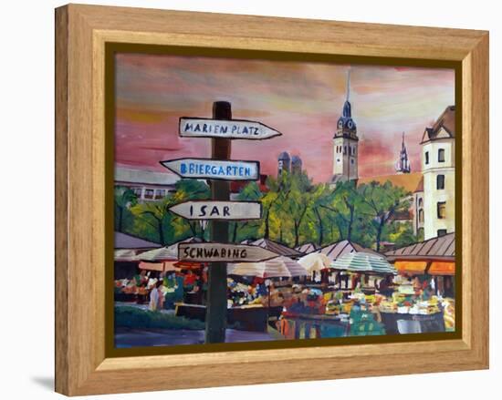 Munich Bavaria Viktualienmarkt with Signposts-Markus Bleichner-Framed Stretched Canvas