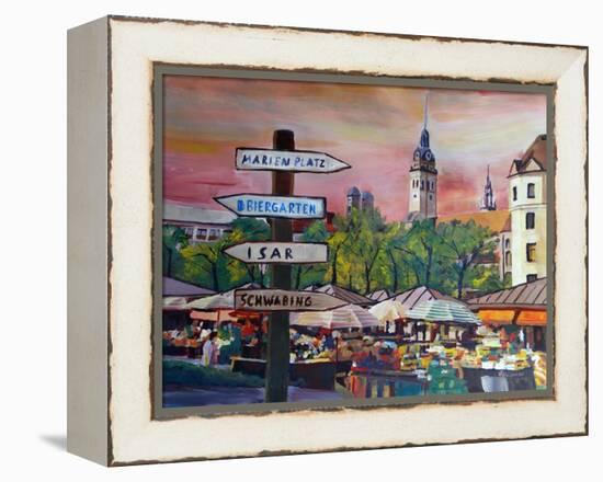 Munich Bavaria Viktualienmarkt with Signposts-Markus Bleichner-Framed Stretched Canvas